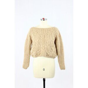 MICHAEL TYLER Tan Wool Cashmere Cable Knit Cropped Boat Neck Sweater, Size S